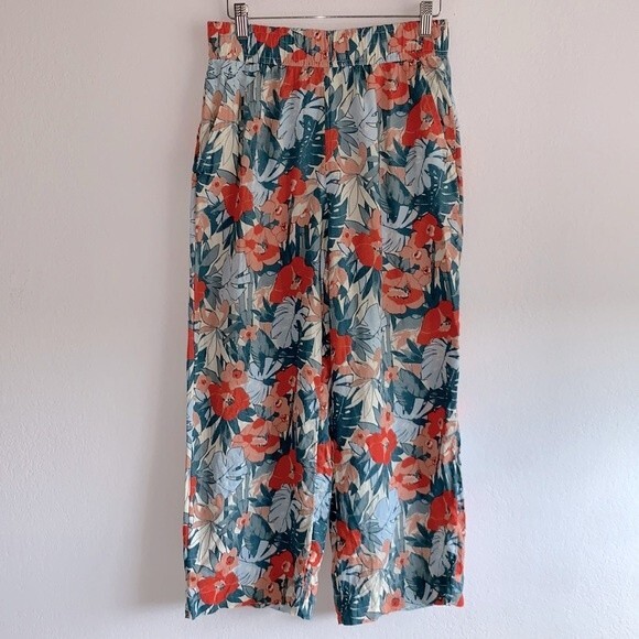 C&C California 100% Linen Tropical Floral Cropped Wide Leg Pull On Pants Sz S - Picture 1 of 9